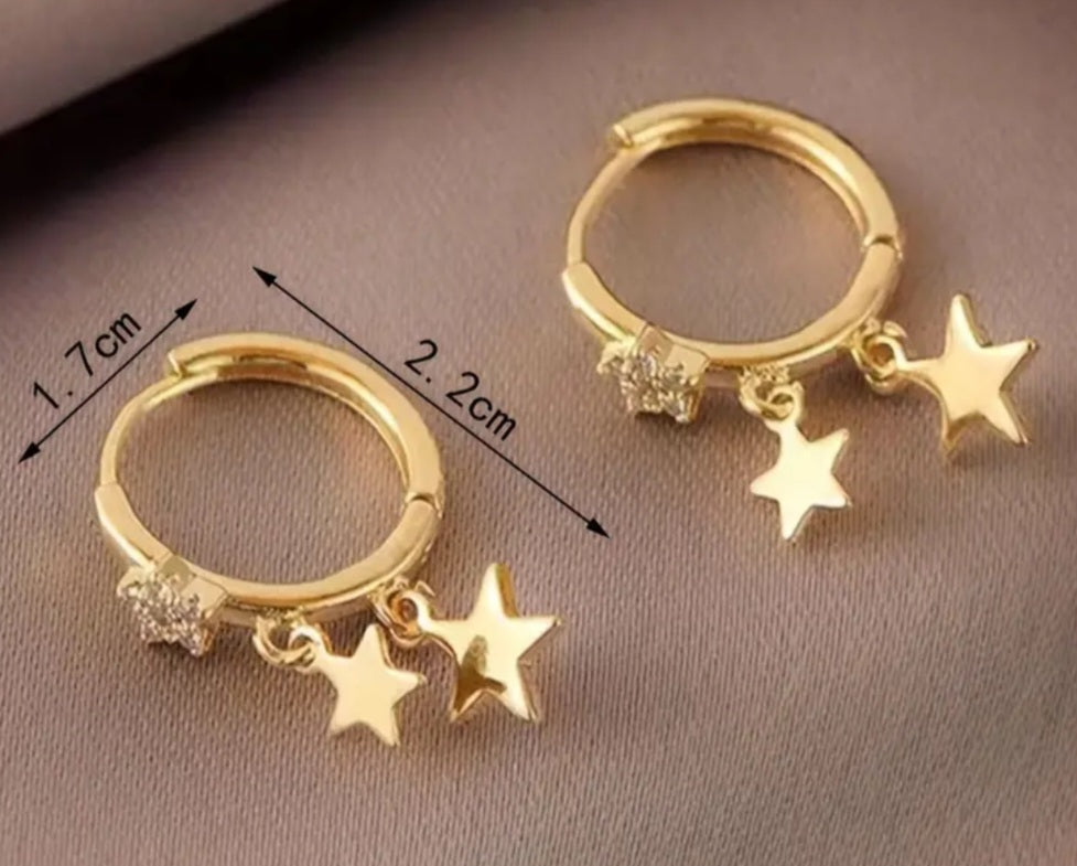 Copper Filled Gold Plated Zircon Inlay Star Design Small Hoop Huggie Style Charm Dangle Earrings