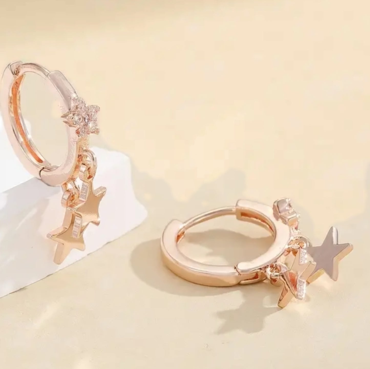 Copper Filled Rose Gold Plated Zircon Inlay Star Design Small Hoop Huggie Style Charm Dangle Earrings