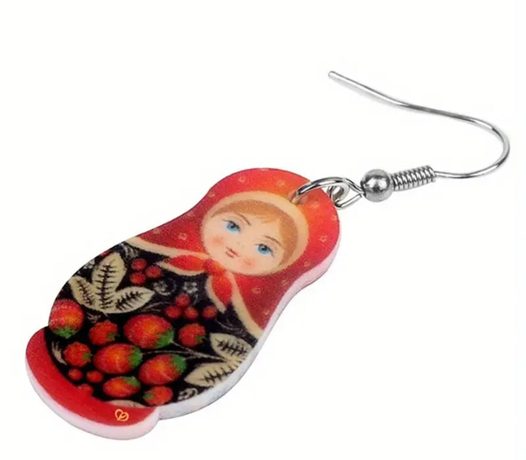 Babushka Matryoshka Russian Nesting Doll Strawberry Design Acrylic Dangle Earrings