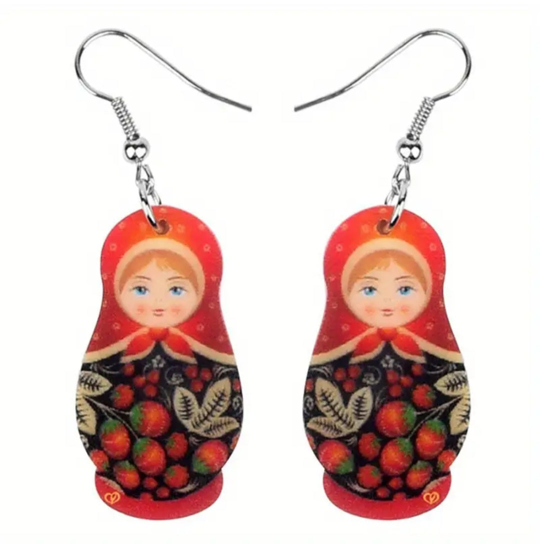 Babushka Matryoshka Russian Nesting Doll Strawberry Design Acrylic Dangle Earrings