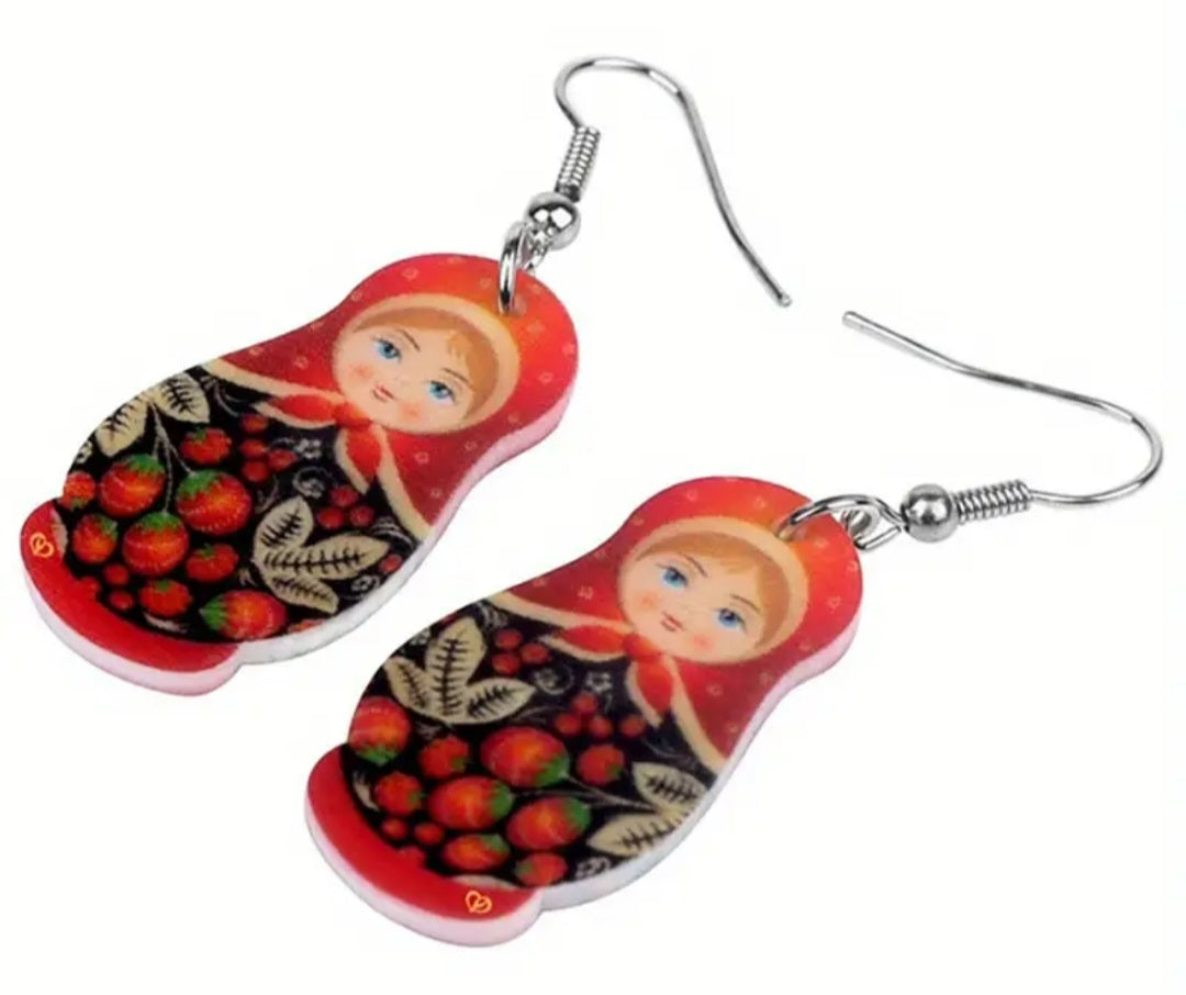 Babushka Matryoshka Russian Nesting Doll Strawberry Design Acrylic Dangle Earrings