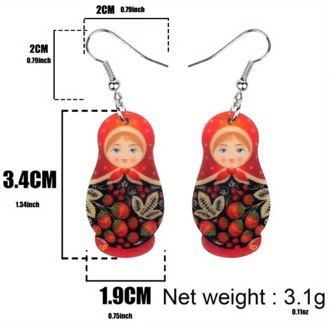 Babushka Matryoshka Russian Nesting Doll Strawberry Design Acrylic Dangle Earrings