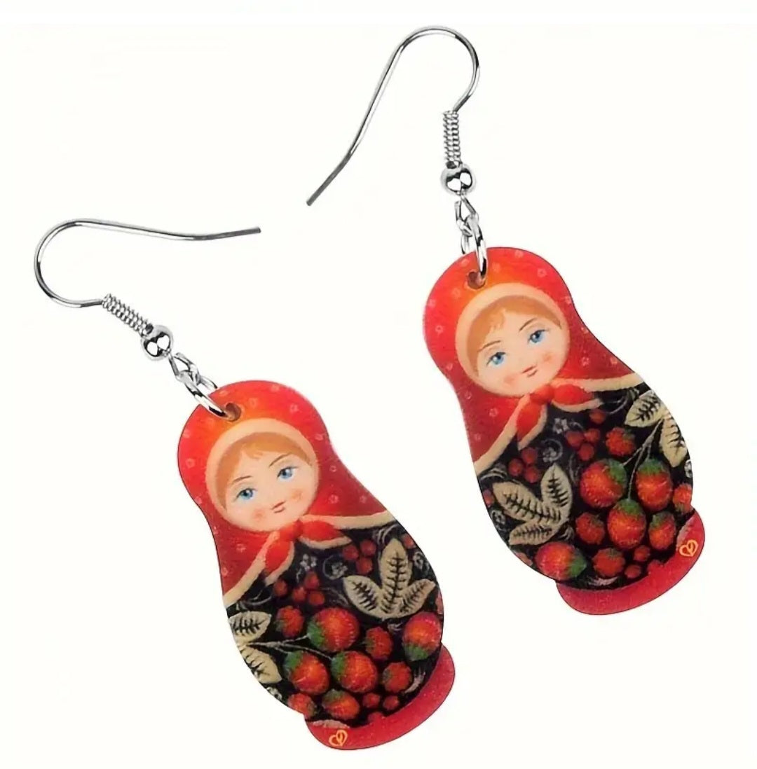 Babushka Matryoshka Russian Nesting Doll Strawberry Design Acrylic Dangle Earrings