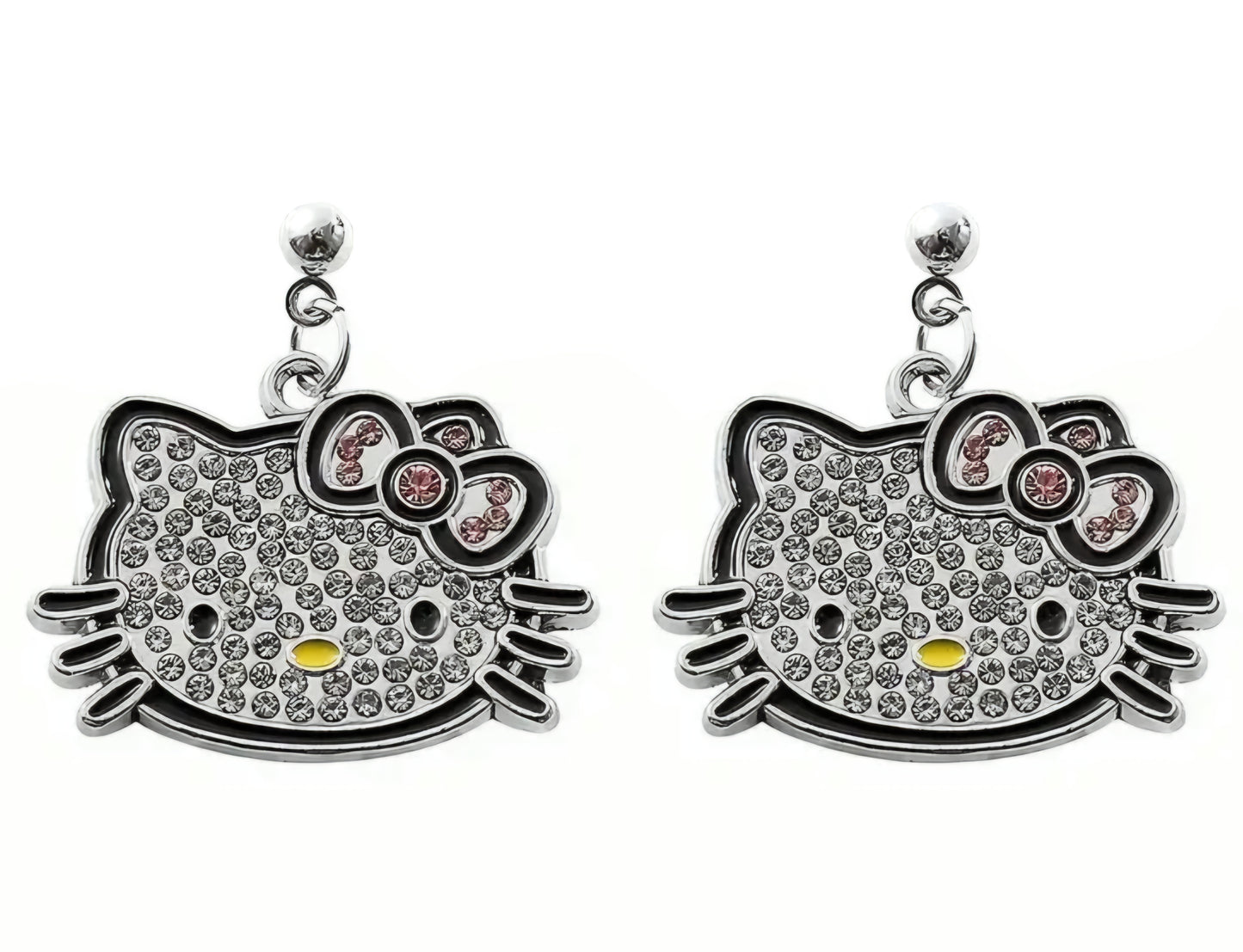 Hello Kitty Inspired Kawaii Silver Plated Rhinestone Kitty Head Dangle Design Drop Earrings