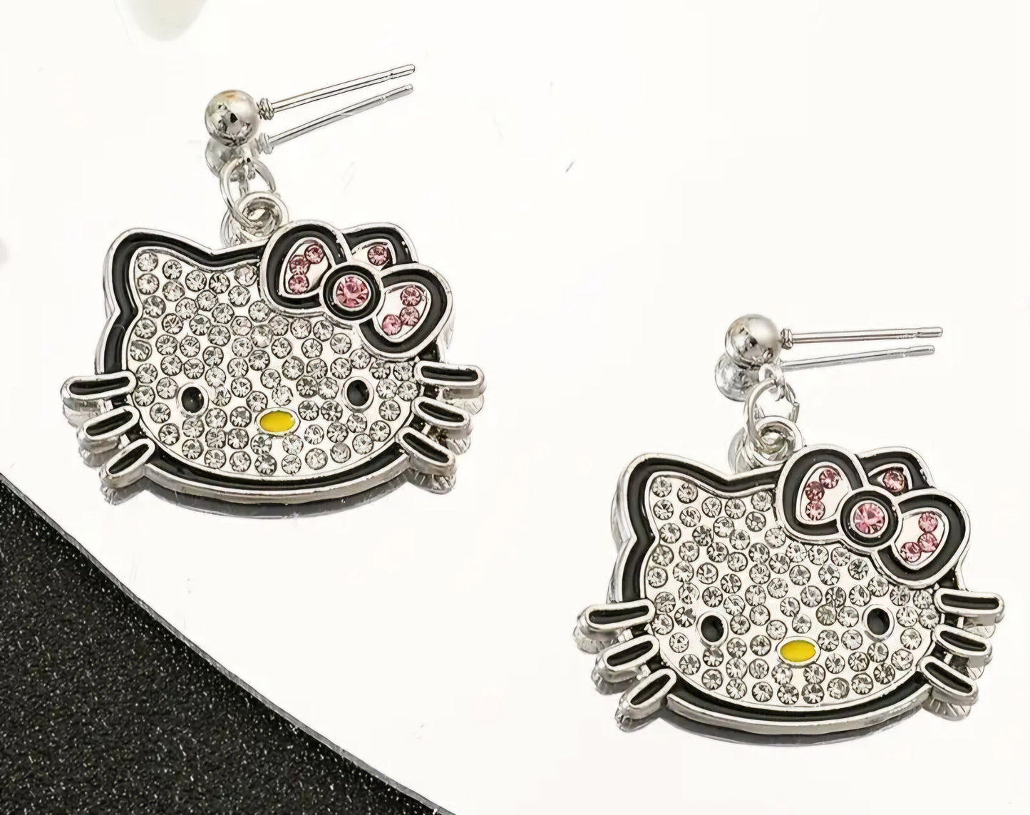 Hello Kitty Inspired Kawaii Silver Plated Rhinestone Kitty Head Dangle Design Drop Earrings