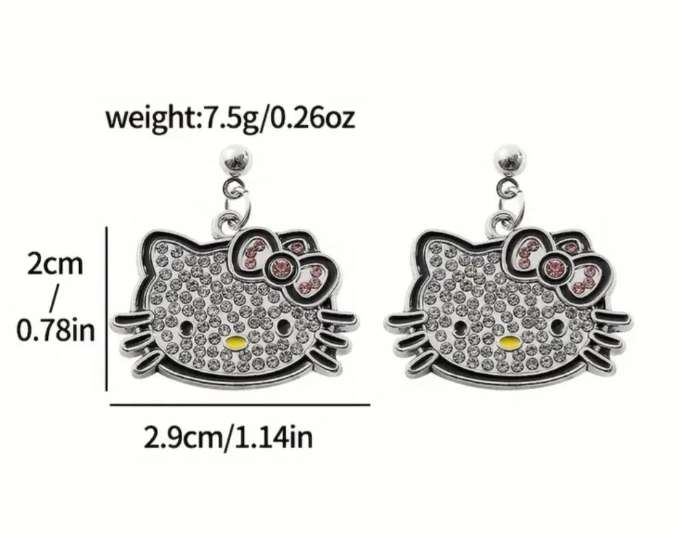 Hello Kitty Inspired Kawaii Silver Plated Rhinestone Kitty Head Dangle Design Drop Earrings