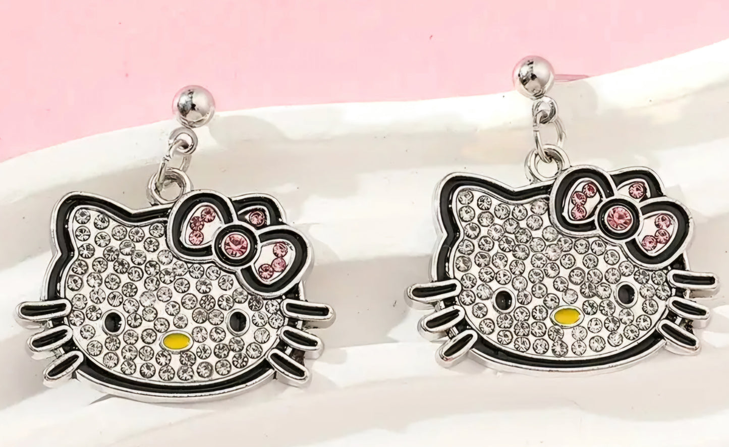 Hello Kitty Inspired Kawaii Silver Plated Rhinestone Kitty Head Dangle Design Drop Earrings