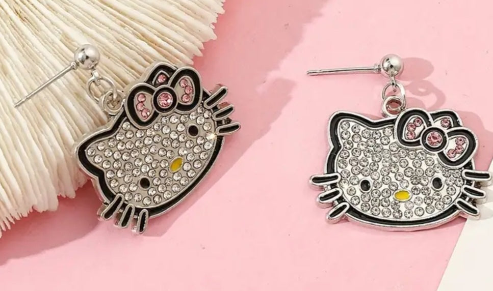 Hello Kitty Inspired Kawaii Silver Plated Rhinestone Kitty Head Dangle Design Drop Earrings