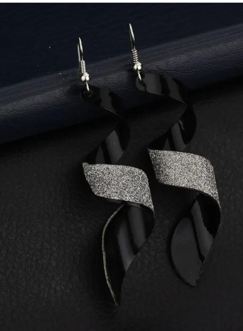 Curled Frosted Silver Plated Black Metal Extra Large Drop Earrings