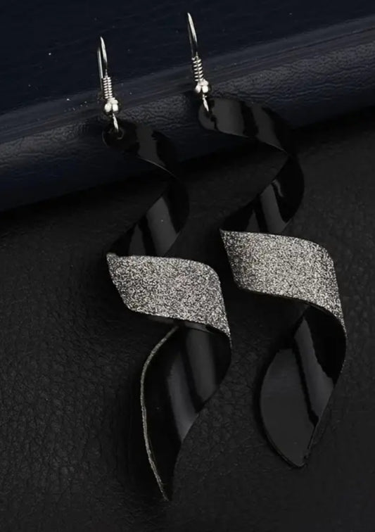 Curled Frosted Silver Plated Black Metal Extra Large Drop Earrings