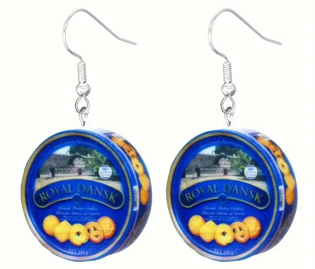 Acrylic Danish Cookie Biscuits Retro Tin Design Dangle Earrings