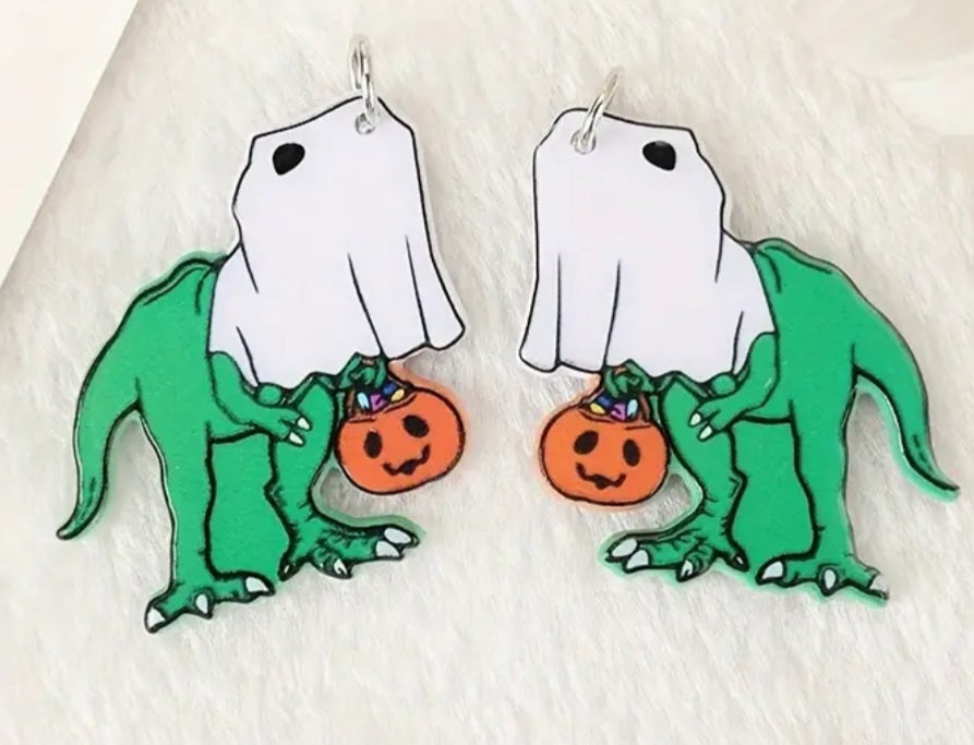 Acrylic Costume Ghost Dinosaur Holding Pumpkin Pail Halloween Dangle Earrings