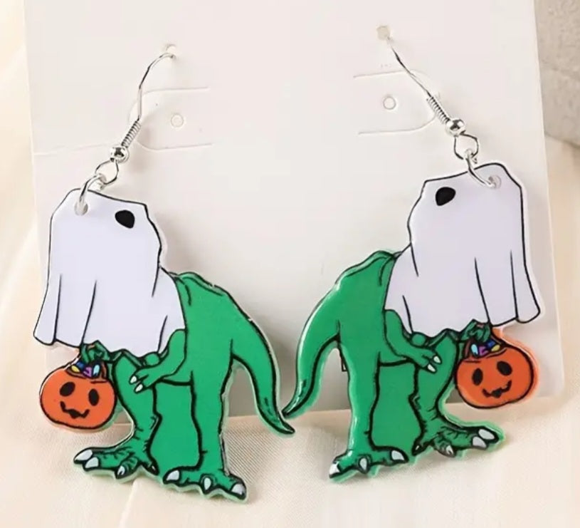 Acrylic Costume Ghost Dinosaur Holding Pumpkin Pail Halloween Dangle Earrings