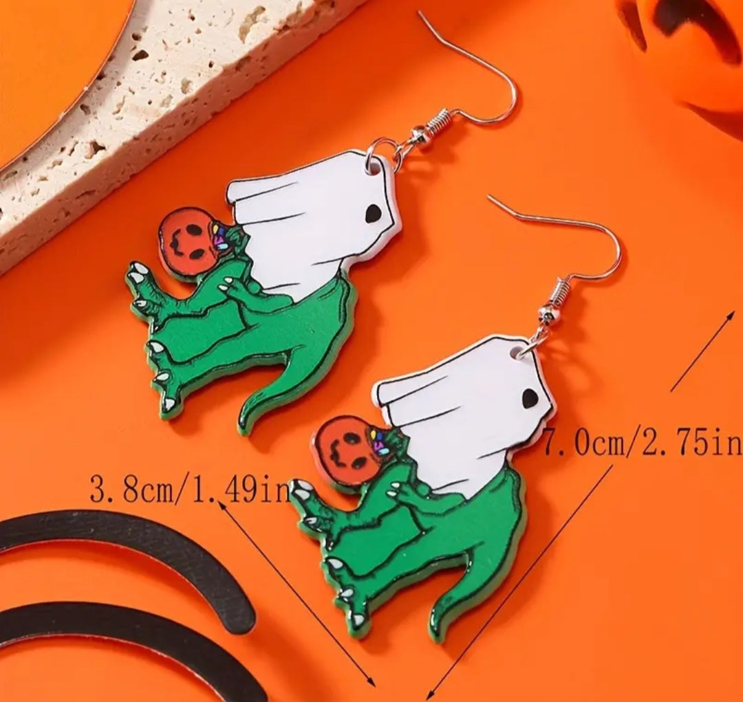 Acrylic Costume Ghost Dinosaur Holding Pumpkin Pail Halloween Dangle Earrings