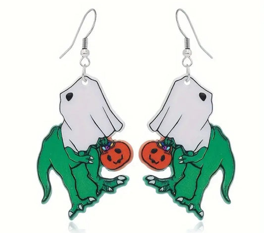 Acrylic Costume Ghost Dinosaur Holding Pumpkin Pail Halloween Dangle Earrings