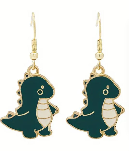 Enamel Painted Alloy Green Cartoon Dinosaur Drop Dangle Earrings