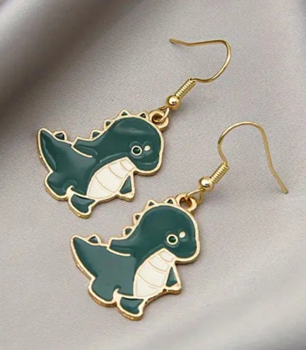 Enamel Painted Alloy Green Cartoon Dinosaur Drop Dangle Earrings