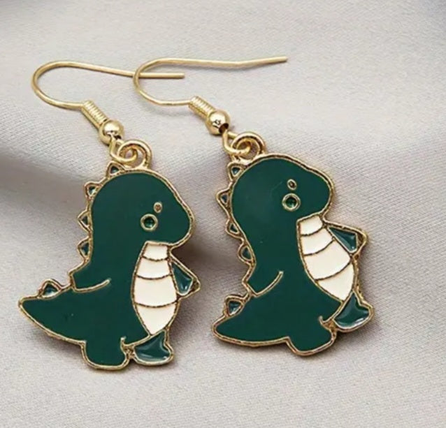 Enamel Painted Alloy Green Cartoon Dinosaur Drop Dangle Earrings