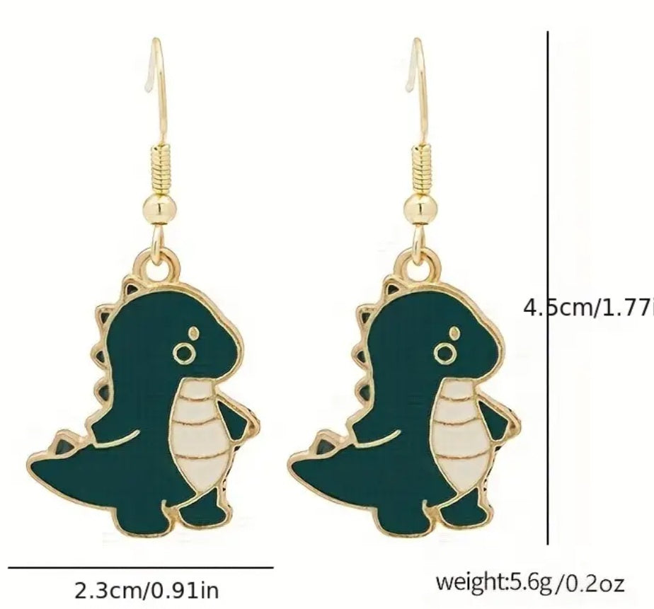 Enamel Painted Alloy Green Cartoon Dinosaur Drop Dangle Earrings