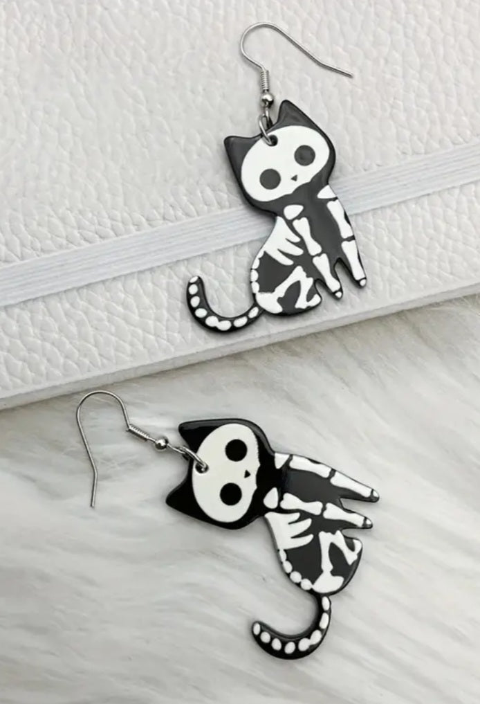 Acrylic Halloween Punk Skelecat Skeleton Cat Kitty design Dangle Earrings