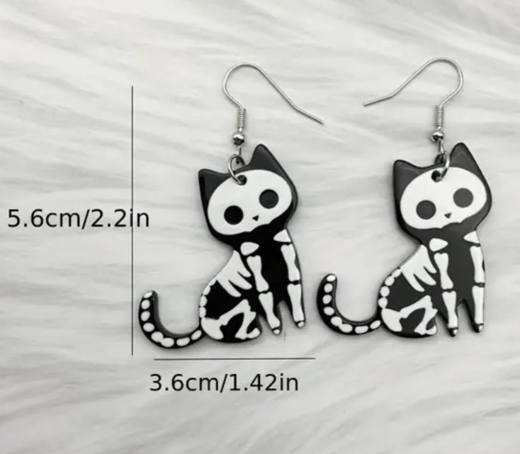 Acrylic Halloween Punk Skelecat Skeleton Cat Kitty design Dangle Earrings