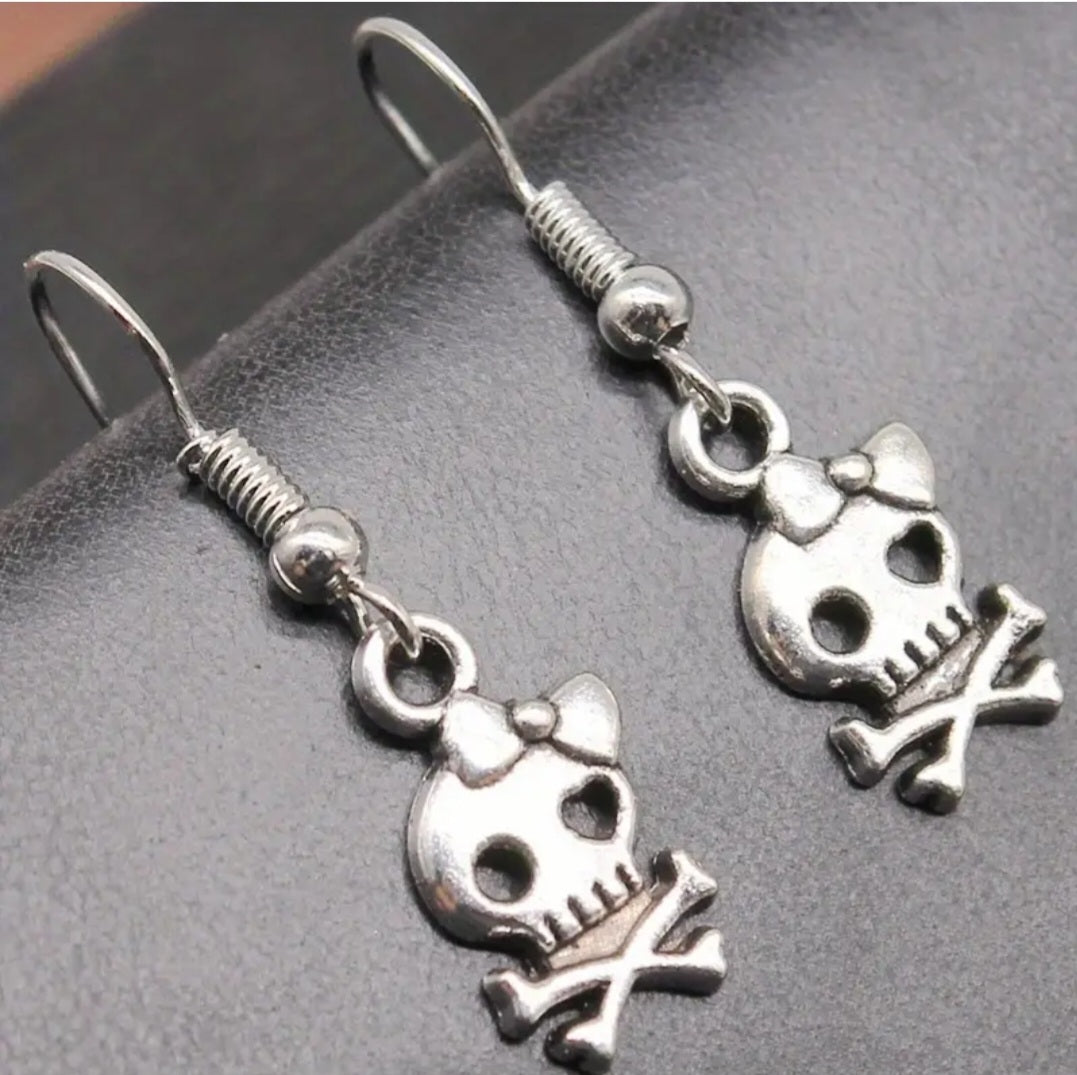 Halloween Punk Dainty Tiny Skull Crossbow With Bow Silver Plated Drop Dangle Earrings