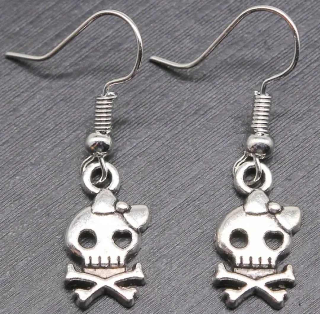 Halloween Punk Dainty Tiny Skull Crossbow With Bow Silver Plated Drop Dangle Earrings