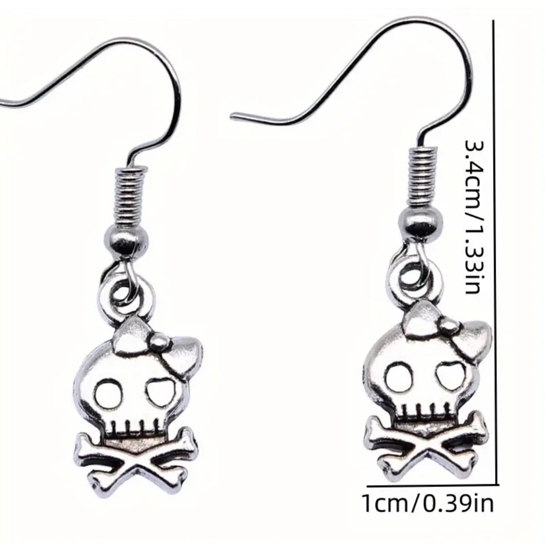 Halloween Punk Dainty Tiny Skull Crossbow With Bow Silver Plated Drop Dangle Earrings