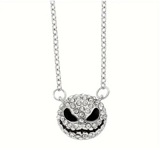 Halloween Nightmare Before Christmas Jack Skellington Inspired Skull Face Punk Silver Plated Rhinestone Necklace