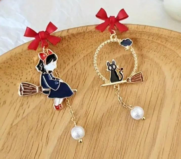 Enamel Halloween Cute Red Bow Witch Black Cat Broom Stick Mismatched Metal Drop Dangle Earrings