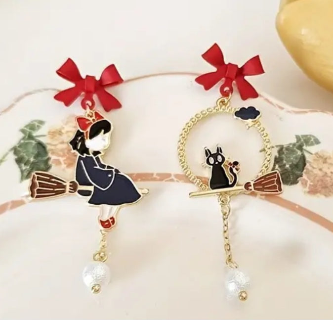 Enamel Halloween Cute Red Bow Witch Black Cat Broom Stick Mismatched Metal Drop Dangle Earrings