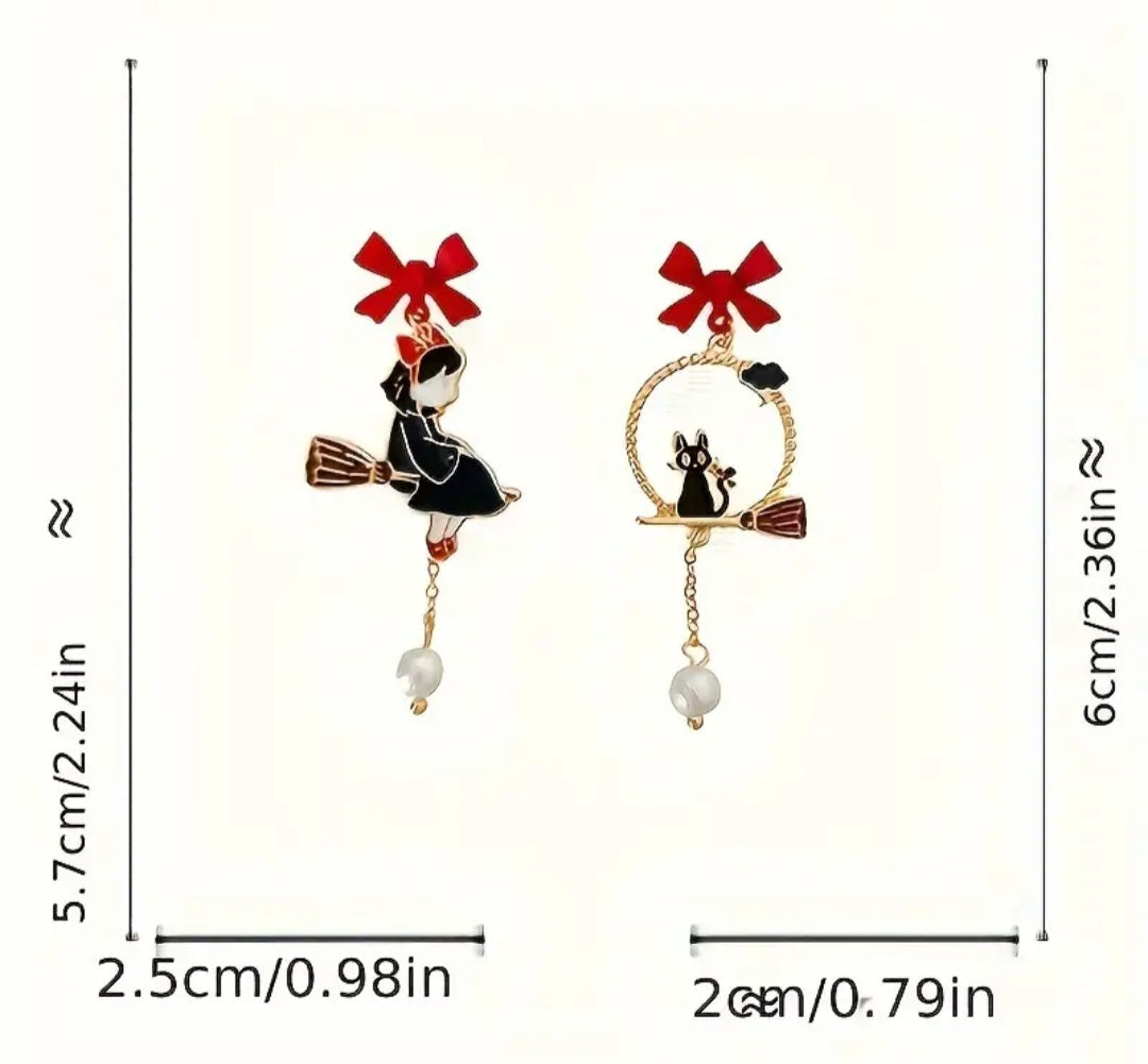 Enamel Halloween Cute Red Bow Witch Black Cat Broom Stick Mismatched Metal Drop Dangle Earrings