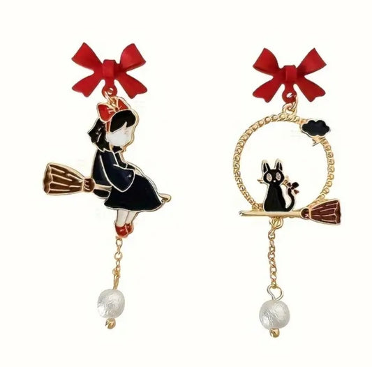 Enamel Halloween Cute Red Bow Witch Black Cat Broom Stick Mismatched Metal Drop Dangle Earrings