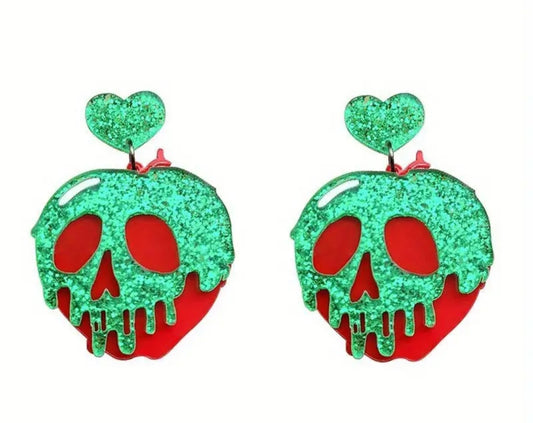 Snow White Poison Apple Inspired Cartoon Sparkle Heart Melting Design Halloween Acrylic Dangle Earrings