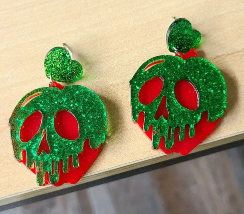 Snow White Poison Apple Inspired Cartoon Sparkle Heart Melting Design Halloween Acrylic Dangle Earrings