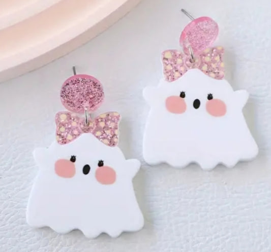 Acrylic Cartoon Glitter Pink Bow Cute Ghost Halloween Drop Dangle Earrings