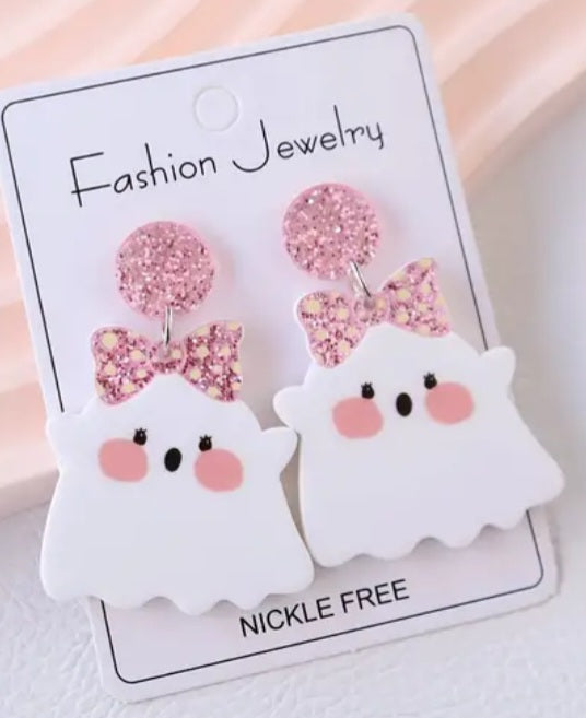 Acrylic Cartoon Glitter Pink Bow Cute Ghost Halloween Drop Dangle Earrings