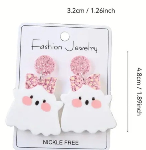 Acrylic Cartoon Glitter Pink Bow Cute Ghost Halloween Drop Dangle Earrings