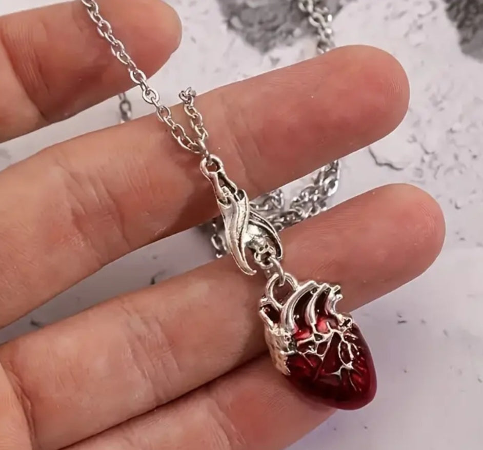 Anatomically Correct Heart Enamal Pendant Silver Plated Gothic Halloween Punk Necklace