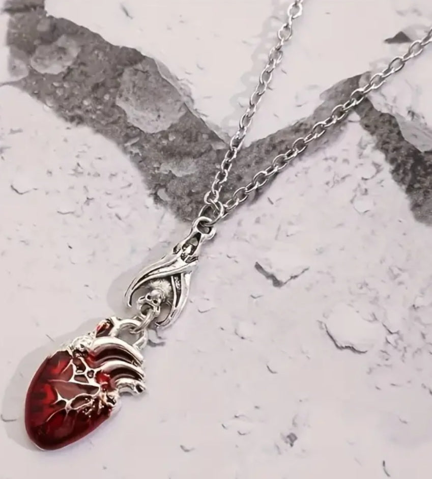 Anatomically Correct Heart Enamal Pendant Silver Plated Gothic Halloween Punk Necklace