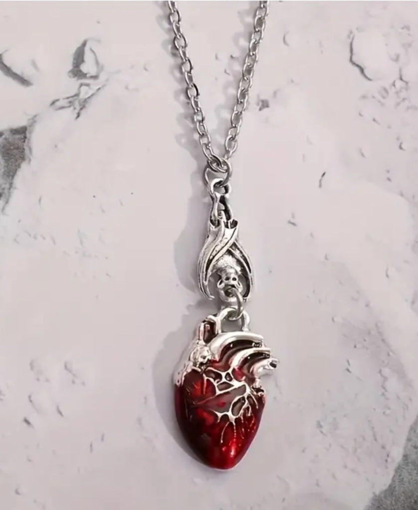 Anatomically Correct Heart Enamal Pendant Silver Plated Gothic Halloween Punk Necklace