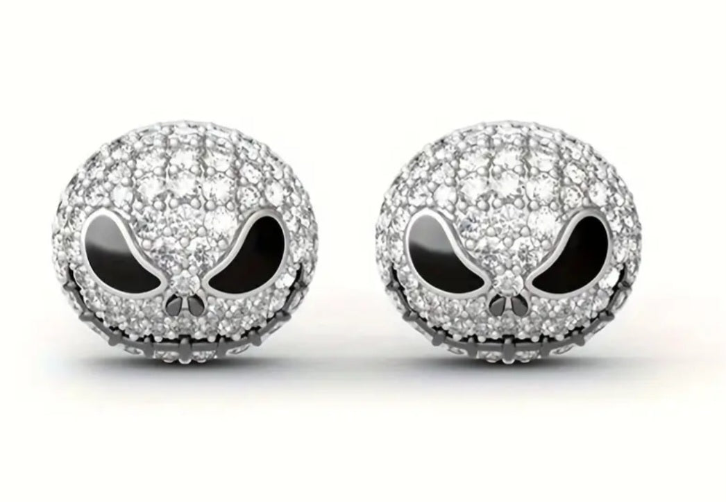 Halloween Nightmare Before Christmas Jack Skellington Inspired Skull Face Punk Silver Plated Rhinestone Stud Earrings