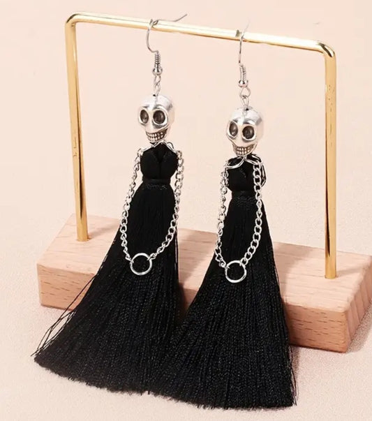 Gothic Halloween Punk Silver Plated Skeleton Bride Black Tassle Dress Design Drop Dangle Earrings