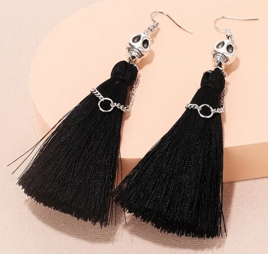 Gothic Halloween Punk Silver Plated Skeleton Bride Black Tassle Dress Design Drop Dangle Earrings