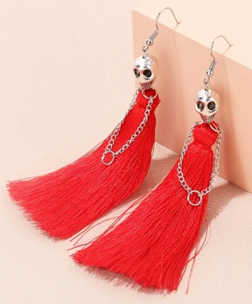 Gothic Halloween Punk Silver Plated Skeleton Bride Red Tassle Dress Design Drop Dangle Earrings