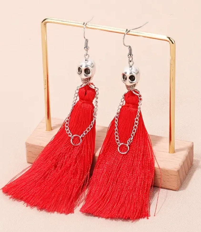 Gothic Halloween Punk Silver Plated Skeleton Bride Red Tassle Dress Design Drop Dangle Earrings