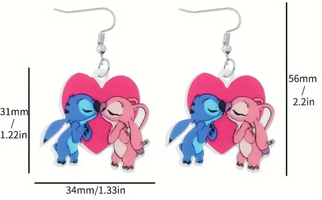 Acrylic Stitch Kissing Angel Inspired Design Drop Dangle Earrings