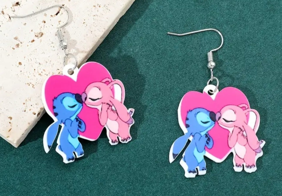 Acrylic Stitch Kissing Angel Inspired Design Drop Dangle Earrings