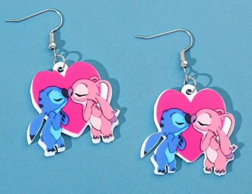 Acrylic Stitch Kissing Angel Inspired Design Drop Dangle Earrings