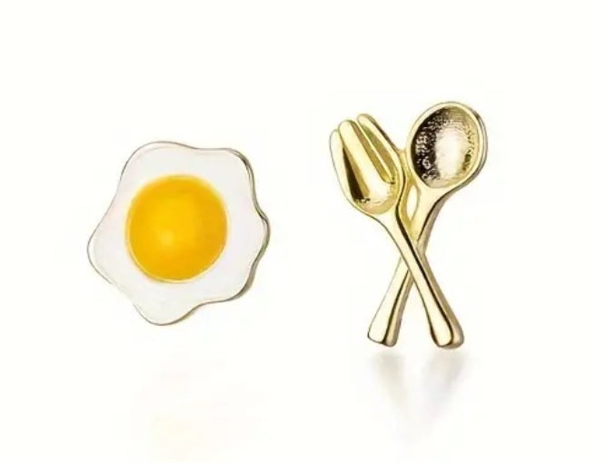 Breakfast Fried Egg Spoon Design Gold Plated Tiny Stud Earrings